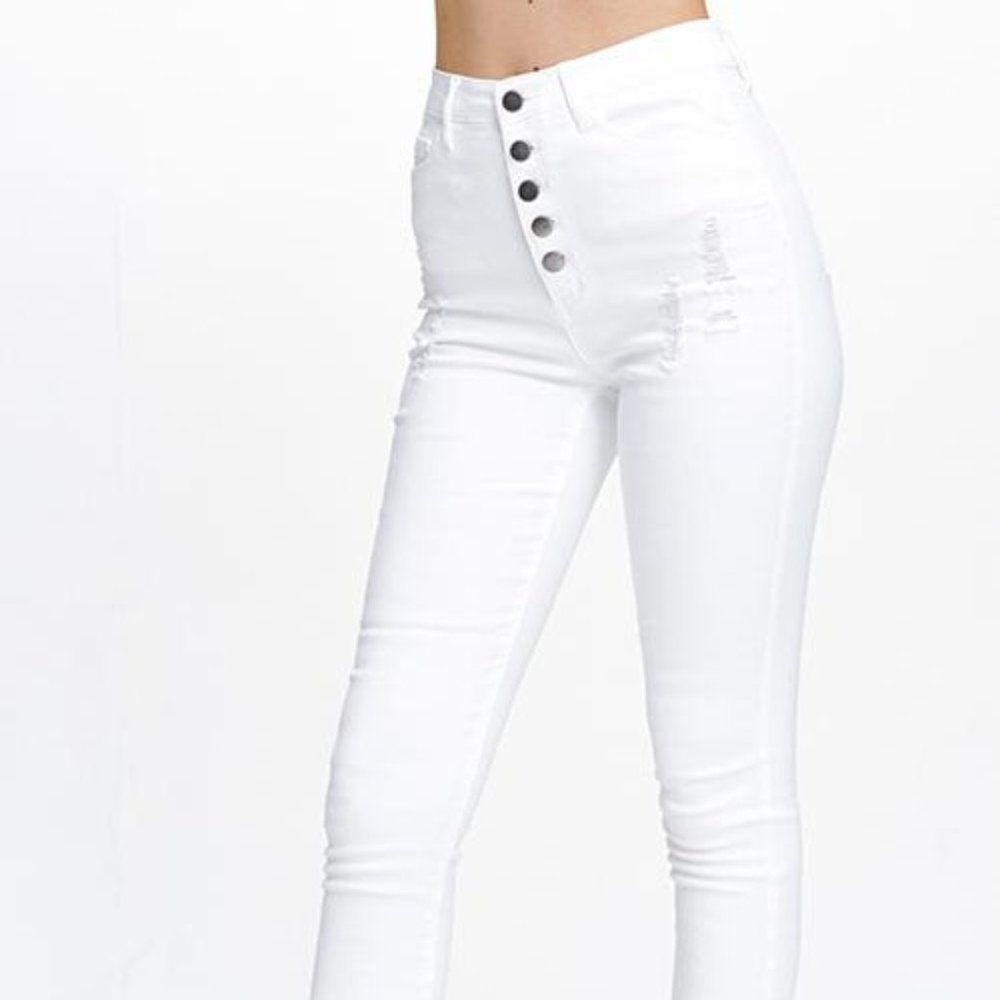 High Waisted Button Up White Jeans - Picture 4 of 5